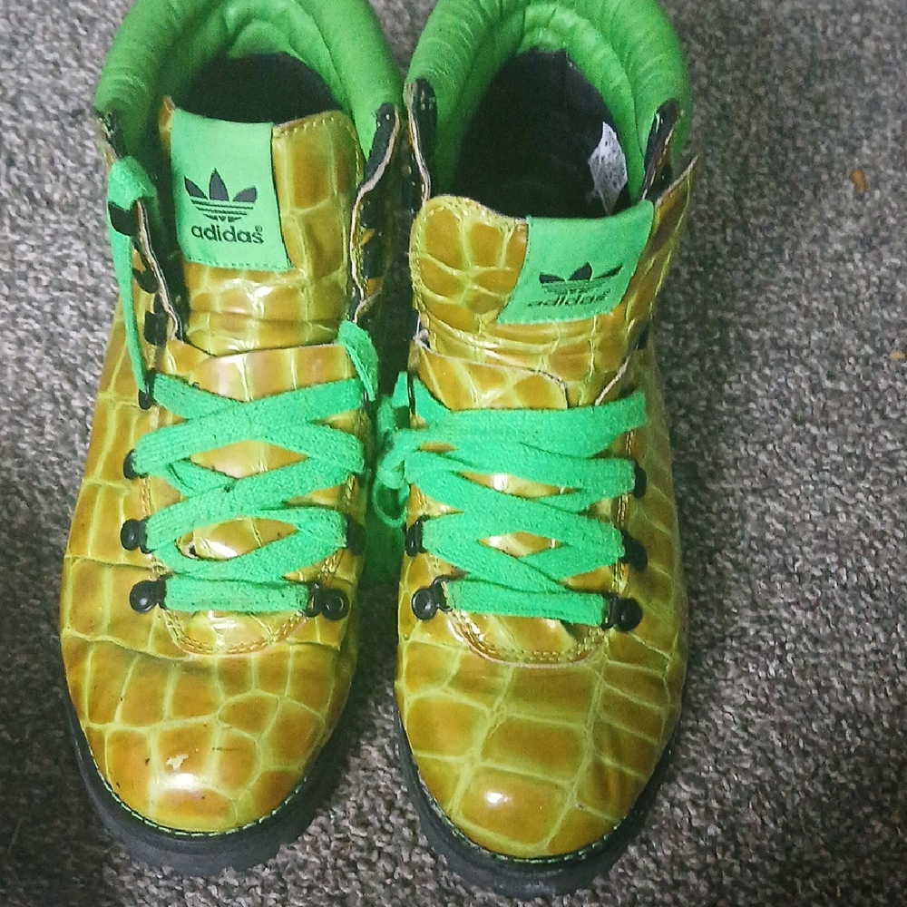 Jeremy Scott x Adidas Green and Yellow Croc Boots